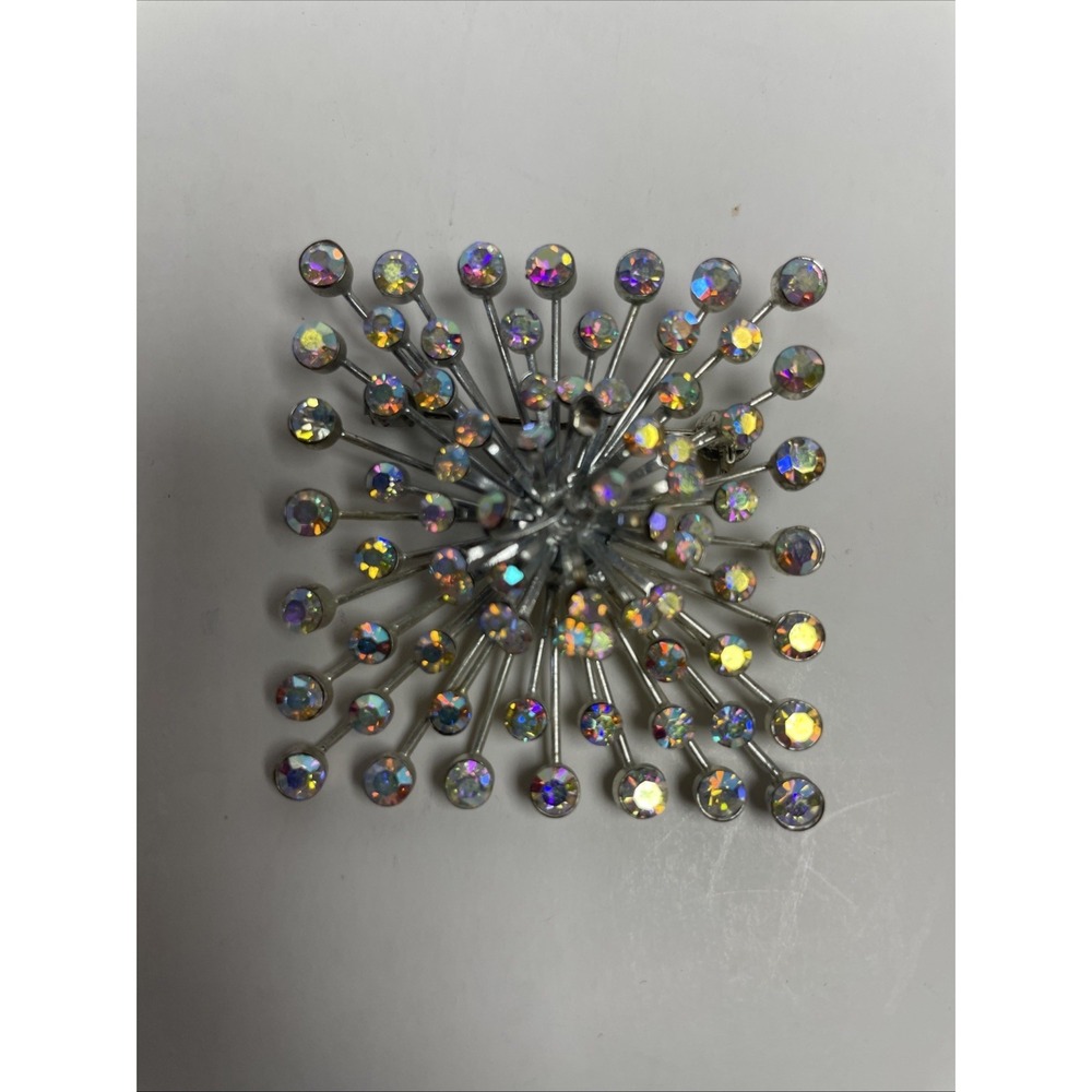 Vintage Rhinestone Crystal Square Brooch Pin Round Diamond Cut Style 2.5"
